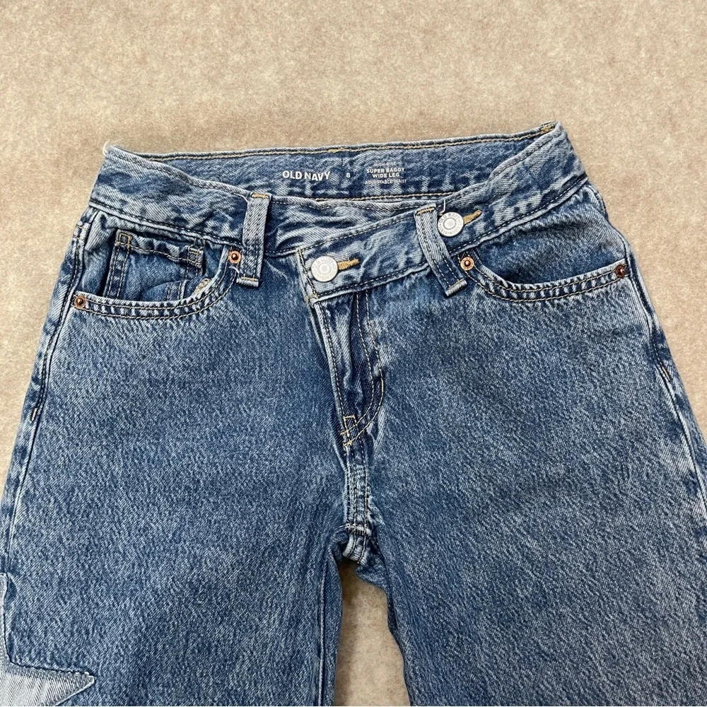 Old Navy High Rise Super Baggy Wide Leg Star Patch Denim Blue Jeans Girls size 8